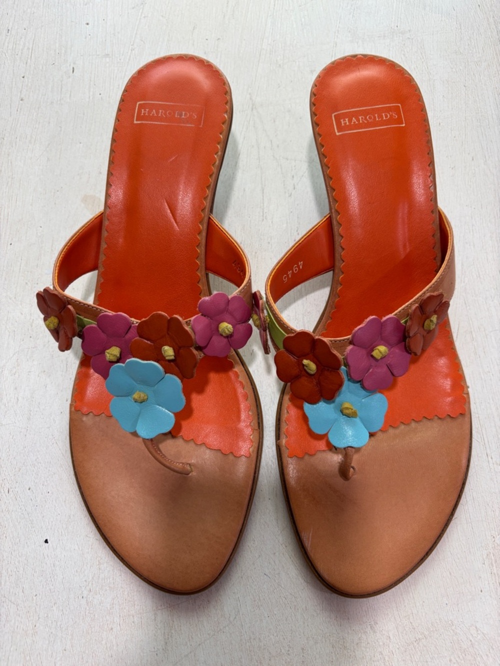Harold's Orange Leather Floral Toe-Post Mules
